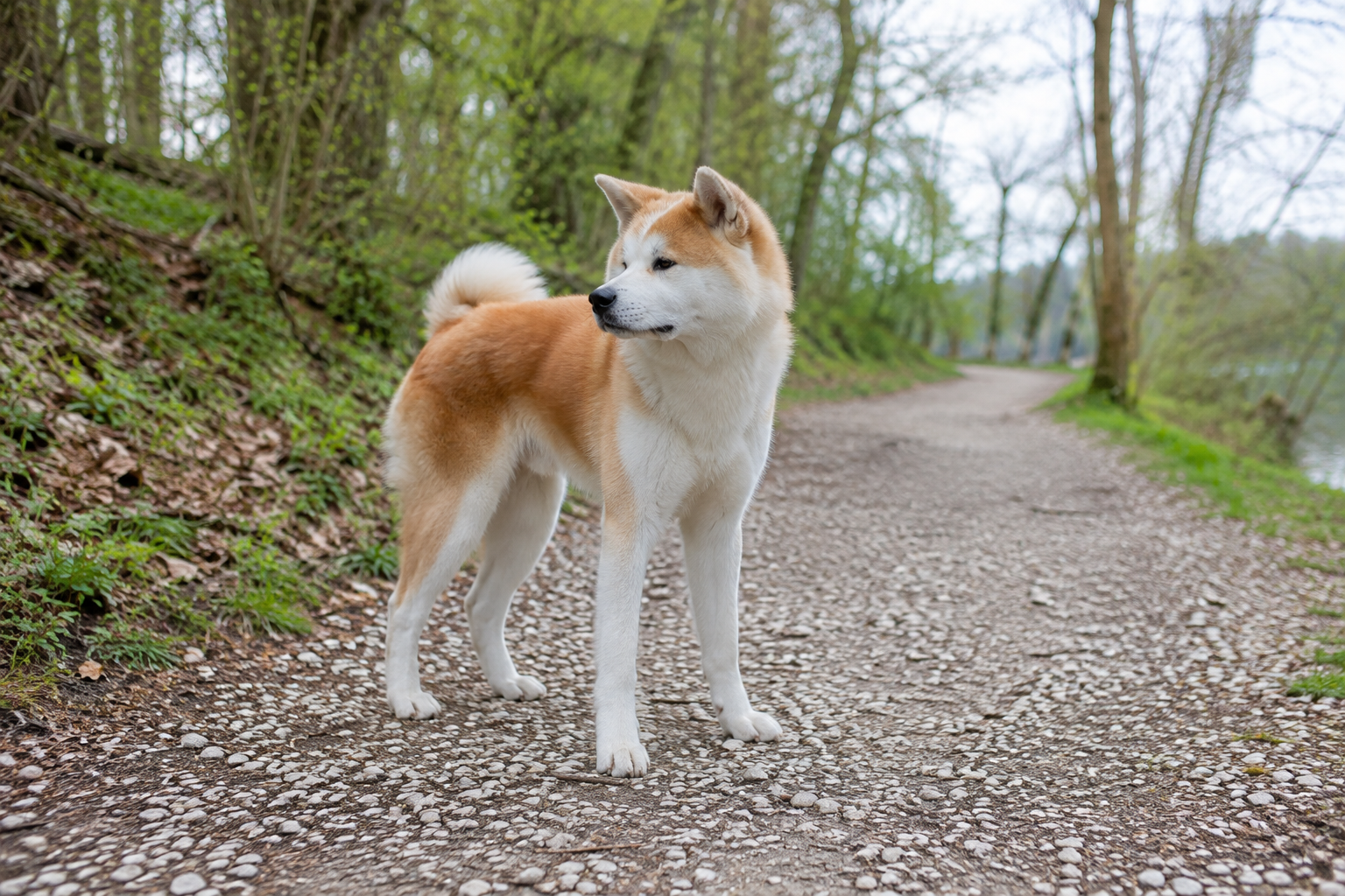 Dospievajúca akita na prechádzke počas prechodu do dospelosti